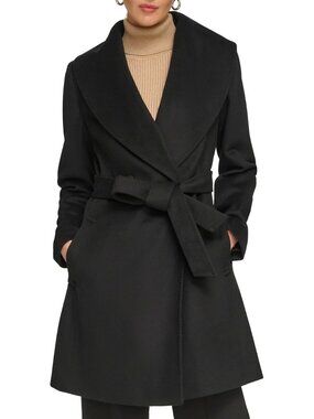 DKNY Black Wool-Blend Belted Wrap Coat